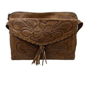 Leaders in Leather Tan Tooled Purse NWOT